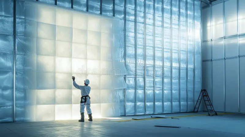 Arbeiter installiert großformatige lichtdurchlässige Aerogel-Isolierpaneele im Innenraum.